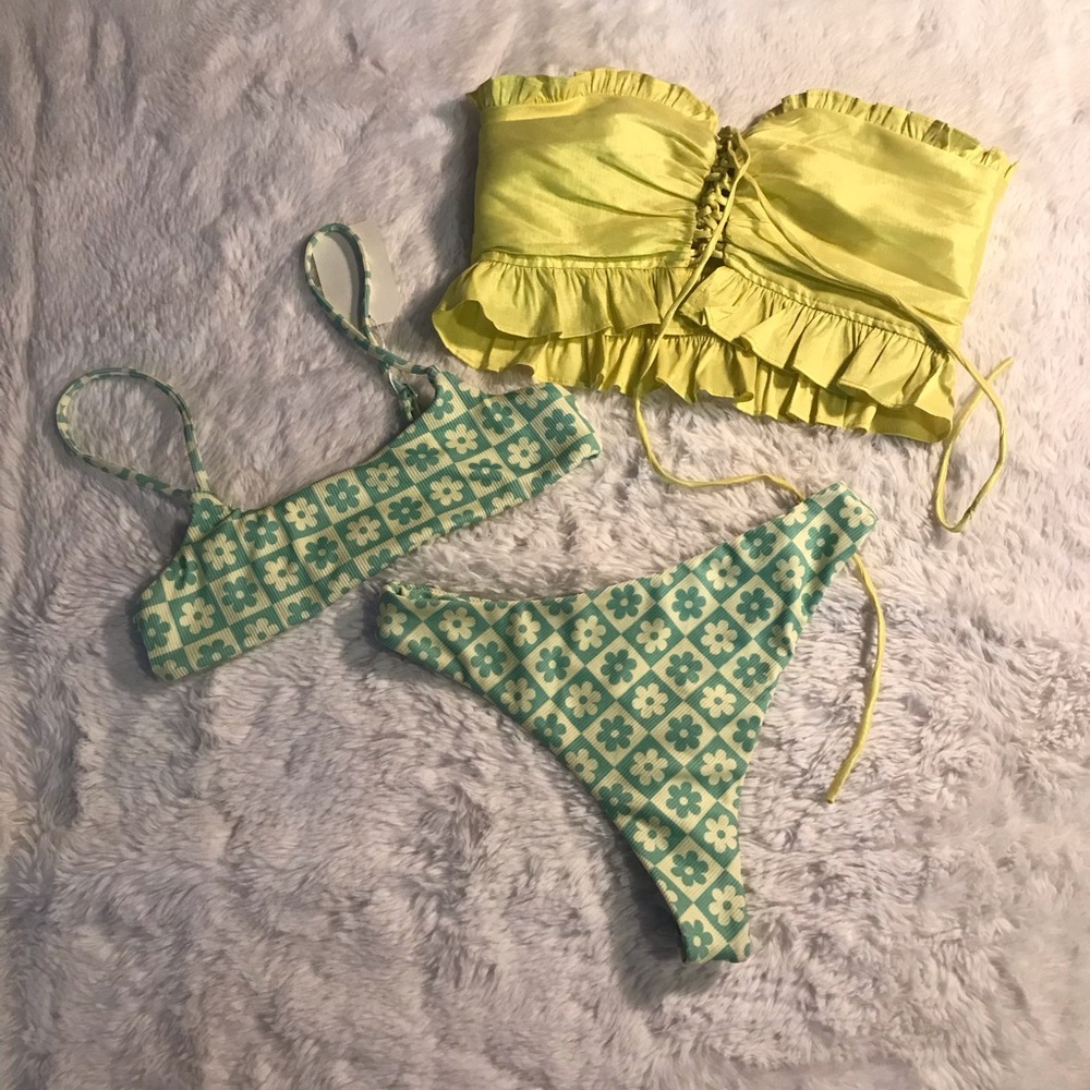 Yellow Ruffled Top and Green Floral Bikini Set